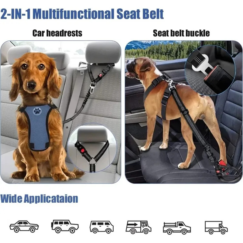 Dog Seat Belt Harness Safety Tether - 2-in-1 قابل للتعديل عاكس الكلب مقعد