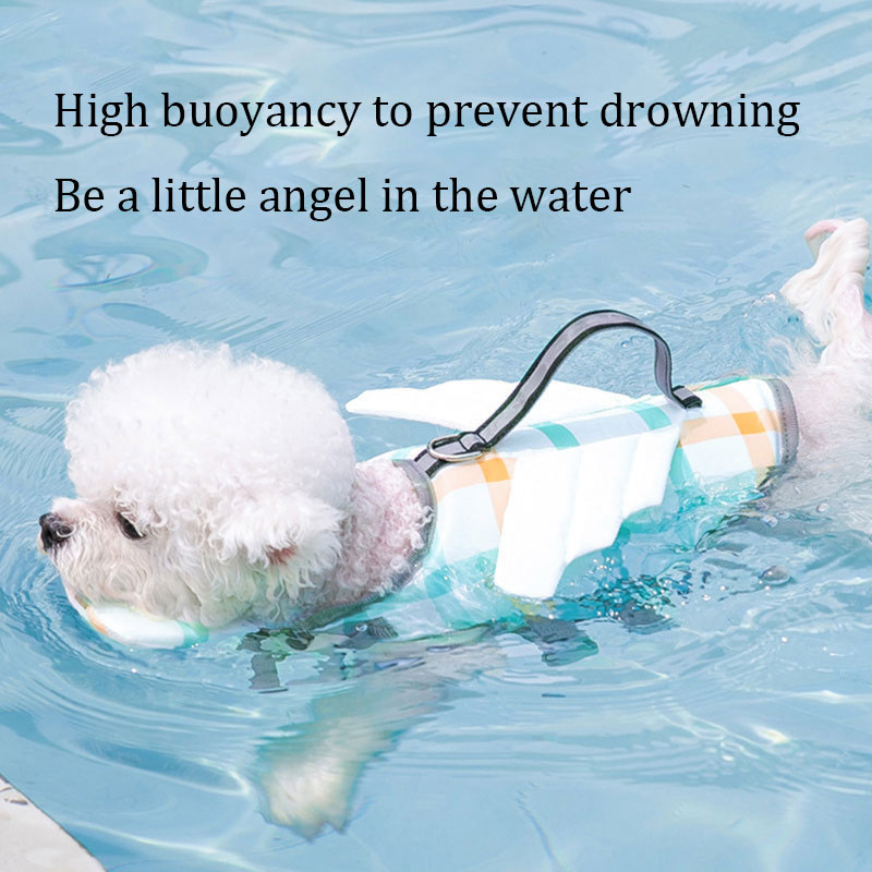 Dog Life Jacket Vest Buoyancy Handle - سترة نجاة للكلاب بنمط مربعات، عالية